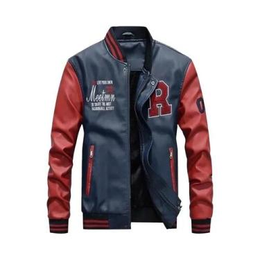 Imagem de Jaqueta Bomber Masculina Slim Fit De Couro Bordada, Casaco De Inverno 