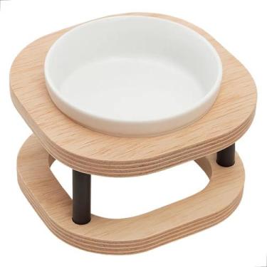 Imagem de Comedouro Pet Simples P Duplo Em Madeira E Porcelana Marrom Claro - BL