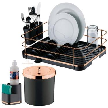 Imagem de Kit Cozinha 3 Peças Escorredor Louça Talheres Lixeira 5L Organizador P
