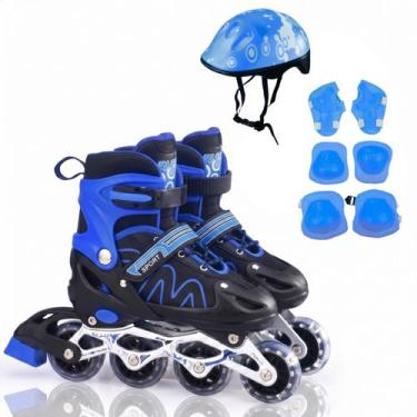 Imagem de Patins Infantil Ajustável Roller Kit Proteção Completo - Atentu, Azul,