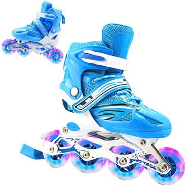 Imagem de Yusat Patins 2 em 1 com 4 tamanhos ajustáveis para crianças e adultos patins seguros para iniciantes, sapatos azuis com flash completo, G (adequado para sapatos de tamanho habitual 38-41)