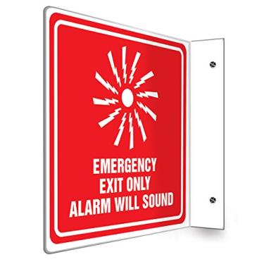 Imagem de Accuform Placa de projeção PSP232 90D, Legend"EMERGENCY SAIT ONLY ALARM WILL SOUND", painel de 20,32 cm x 20,32 cm de espessura, plástico de alto impacto de 0,32 cm, furos de montagem pré-perfurados, branco sobre vermelho