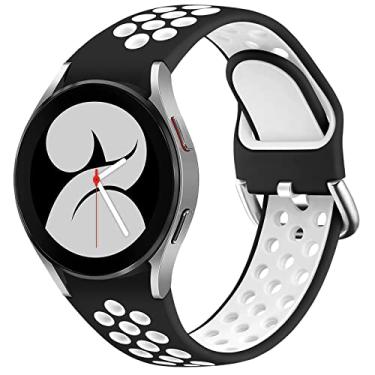 Imagem de Pulseira estilosa sem lacunas para Samsung Galaxy Watch 4 Band 40 mm 44 mm/Watch 4 pulseiras clássicas 42 mm 46 mm Furo Respiráveis Três Fias Respiráveis Pulseira de Silicone Ajustável Pulseira Esportiva Feminina Masculina, Preto Branco