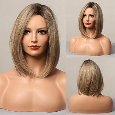 Imagem de HAIRCUBE Perucas curtas para mulheres, peruca bob loira cinza ombré, comprimento dos ombros, peruca sintética resistente ao calor para uso diário em festas, 30,5 cm