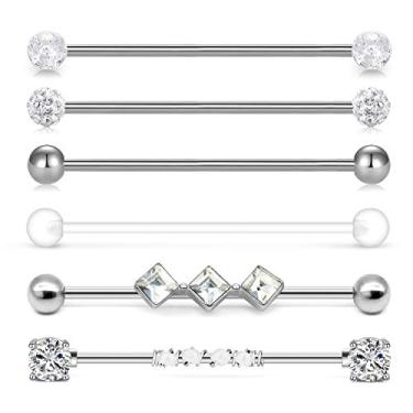 Imagem de Brincos de cartilagem de aço cirúrgico Incaton 14 g de barra industrial CZ Brinco industrial de cristal Ferido Piercing de industração 1 1/2" (38 mm) Comprimento da barra