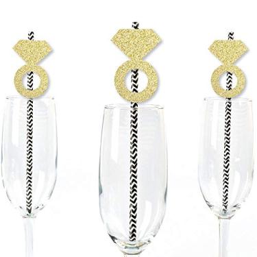 Imagem de Anel de diamante com glitter dourado para festas – Cortes em glitter de ouro real sem bagunça e canudos decorativos para chá de panela ou despedida de solteira – Conjunto com 24