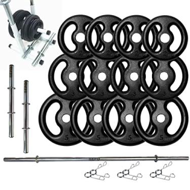 Imagem de Kit de Anilhas Ferro + 40Kg + 2 Barras 40cm + 1 Barra 120cm com Suporte