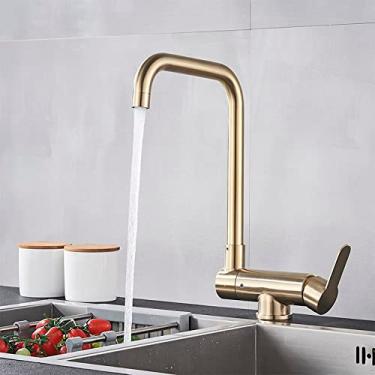 Imagem de Torneira de cozinha dobrada em aço inoxidável para montagem em deck, chuveiro giratório/torneira com bica de água fria, lava-louça, guindaste, escova dourada