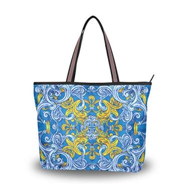 Imagem de Bolsa de ombro feminina Azulejos com estampa azul em aquarela em português, Multicolorido., Large