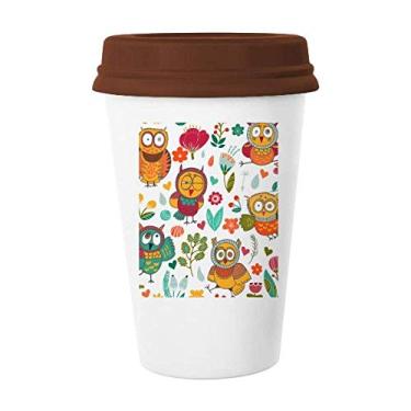 Imagem de Flores plantas corujas pintura à mão caneca de desenho café copo cerâmica tampa