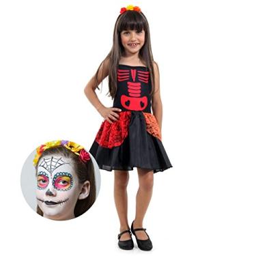Imagem de Caveira Mexicana com Maquiagem Infantil Sulamericana Fantasias Preto/Vermelho P 3/4 Anos