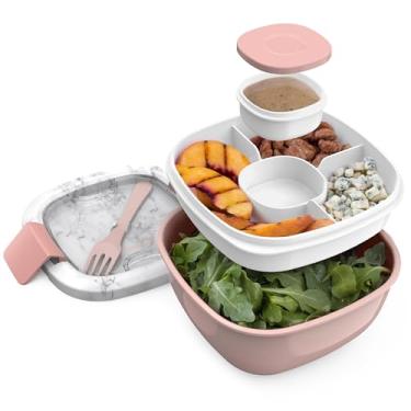 Imagem de Bentgo® Salada – Recipiente empilhável para almoço com tigela de salada grande de 1,5 L, bandeja de 4 compartimentos estilo bento para coberturas, recipiente de molho de 85 g para molhos, garfo reutilizável embutido e livre de BPA (mármore blush)