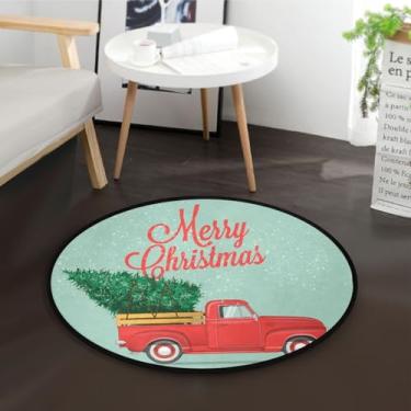 Imagem de GuoChe Feliz Natal caminhão vermelho árvore de Natal tapete verde corredor interior círculo tapete lavável 91 cm tapete redondo para cozinha escritório ideal para áreas de alto tráfego na sala de estar quarto