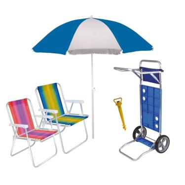 Imagem de Kit Praia Carrinho De Praia + 2 Cadeira Alta Alumínio + Guarda Sol + Saca Areia - Mor