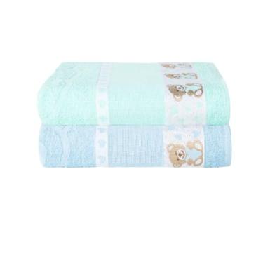 Imagem de Kit 2 Toalhas De Banho Infantil Ponto Cruz Barras Com Desenhos Bordados 75x1.10m (Azul + Verde Água)