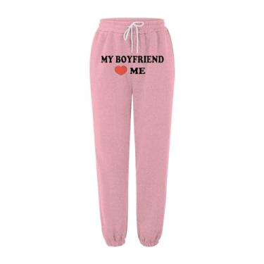 Imagem de My Boyfriend Love Calças de moletom outono/inverno roupas para mulheres estampado bolso cintura elástica moletom de lã (rosa, 2GG)