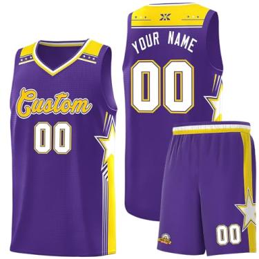 Imagem de Camiseta de basquete personalizada com logotipo de número de nome, regata e shorts estampados personalizados para homens mulheres jovens, 8. Roxo/amarelo/branco, One Size