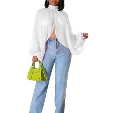Imagem de Camisa feminina sexy manga morcego gola redonda frente traseira aberta autogravata xale casual blusa jeans tops, 02 branco, XXG
