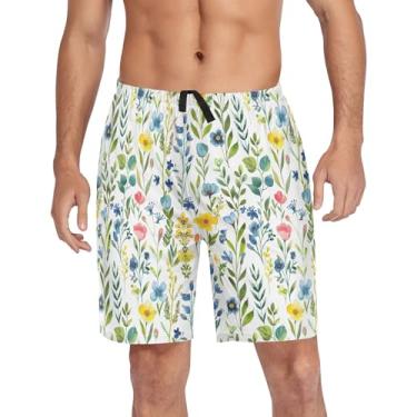 Imagem de CHIFIGNO Calça de pijama masculina para dormir, short de pijama elástico com bolsos e cordão, Aquarela floral primavera, XXG