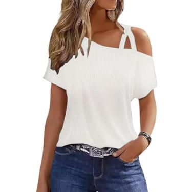 Imagem de VKEGNIO Camisetas de verão cruzadas de um ombro só com ombro vazado, camisetas casuais soltas para férias, Branco canelado., GG