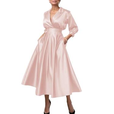 Imagem de Vestidos de coquetel evasê Vestido elegante para convidados de casamento anos 50 vintage vestido de festa comprimento chá camisa colarinho cetim com pregas 2024, Rosa pérola, 21 Plus Size