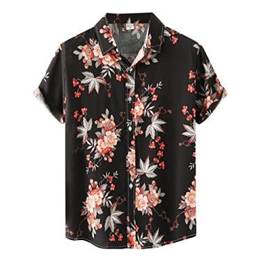 Imagem de Aniywn Camisa masculina havaiana floral abotoada tropical férias praia camisa camisa masculina manga curta verão praia, A14 - preto, XXG