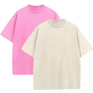 Imagem de KEEPSHOWING Camisetas masculinas extragrandes lavagem ácida ajuste solto vintage lavado camiseta manga curta streetwear camisetas casuais, Rosa + marfim, G