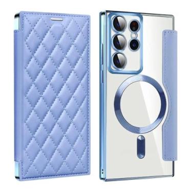 Imagem de Capa de couro magnética porta-cartões para Samsung Galaxy S24 S23 S22 Ultra Plus A55 A35 5G de carregamento sem fio capa flip à prova de choque, azul claro, para Galaxy S23Plus