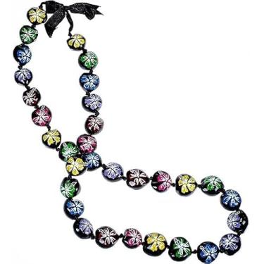 Imagem de BlueRica Conjunto de colar e pulseira de flor pintada à mão Kukui Nut Lei (multi), madeira, sem pedra preciosa, Madeira, Sem pedra preciosa