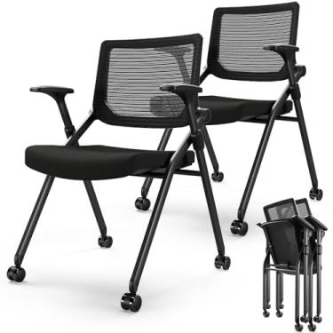 Imagem de FYLICA [2 in 1] Stackable Foldable Conference Room Chairs with Wheels and Triangulated Reinforcement - Ergonomic Mesh Bouncing Back Meeting, Conference, Reception, Training Room Chair (Black)