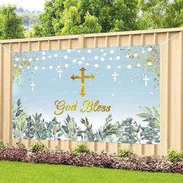 Imagem de Labakita Faixa de fundo God Bless, fundo de primeira comunhão de batismo de bebê, adereços de cabine de fotos de chá de bebê, decoração de festa de primeira comunhão/batismo / batizado para crianças