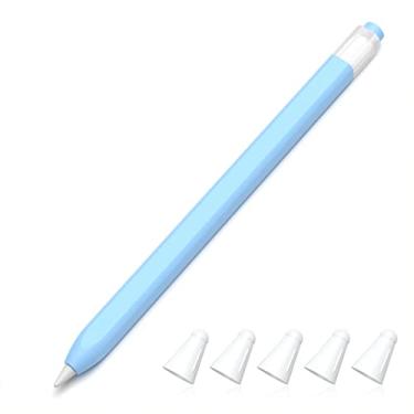 Imagem de JOOSKO Estojo de silicone clássico compatível com Apple Pencil 1ª geração, [com capa de ponta de silicone de 5 tecidos], antiderrapante (azul celeste)