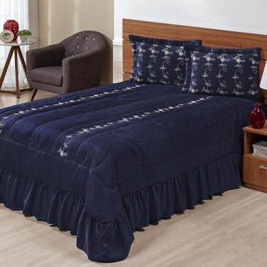 Imagem de Kit Cobre Leito Casal Super King Lisse 03 Peças Colcha Azul Marinho - 