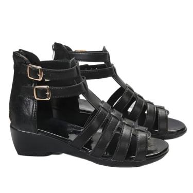 Imagem de NIAIRKE Sandálias femininas gladiadoras de couro preto de cano alto, verão peep toe oco com zíper nas costas elegantes sandálias romanas planas, Preto, 40