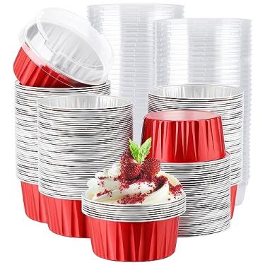 Imagem de EUSOAR Mini formas de bolo com tampas, 200 peças de copos descartáveis de 140 g com tampas para sobremesa de cheesecake de pudim de creme brulee, mini recipiente de molde de cozimento de alumínio para festa de casamento única feriado