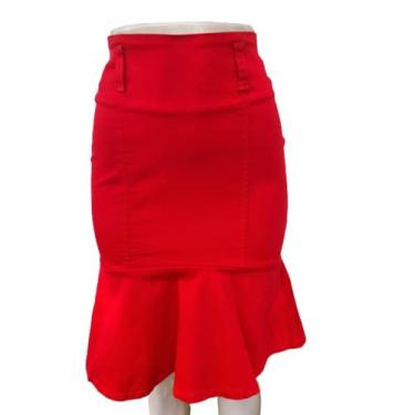 Imagem de Saia Jeans Midi Sarja Sereia Mullet Vermelha Moda Evangelica Linda 904