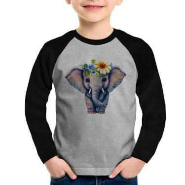 Imagem de Camiseta Raglan Infantil Elefante E Flores Manga Longa - Foca na Moda,