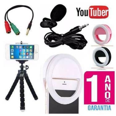 Imagem de Kit Microfone De Lapela + Flash Led Anel Recarregável + Mini Tripé - B