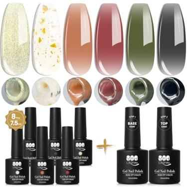 Imagem de YTD Likomey Conjunto de Esmaltes de Gel na cor Nude,6 Cores Neutras Translúcidas com Conjunto de Base e Top Coat,Folha de Ouro Branco Leitoso Preto Verde Jelly Sheer Gel UV,8 peças de 7,5 ml