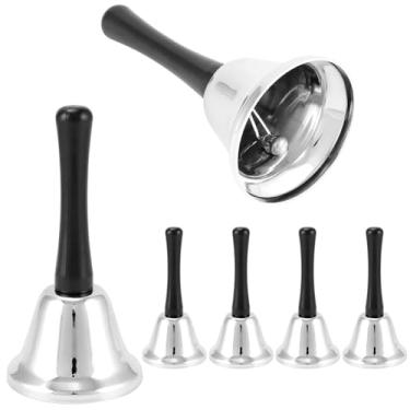 Imagem de QWORK Pacote com 6 sinos de chamada de aço prateado com alça – Sinos de mão de toque alto para assistência a idosos, professores, mesas de recepção, restaurantes, salas de aula, anel de campainha de
