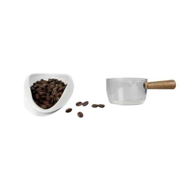 Imagem de HSHQING Copo dosador de grão de café branco n 100 ml mini copo de café expresso vidro espesso com alças de madeira, acessórios de barra de café, recipiente de dosagem de cerâmica para café ou chá,
