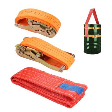 Imagem de YINSHCO Alça de manuseio de tambor para tambor de 55 galões, correia de elevação de barril, resistente, sem inclinação com 2 pacotes de correias de catraca ajustáveis para caminhões de empilhadeira de