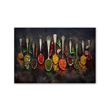 Imagem de Decoração de parede de fotos de cozinha, especiarias coloridas em colheres vintage, arte de parede, arte de cozinha, pintura em tela, impressão em tela, arte de comida para sala de jantar, decoração