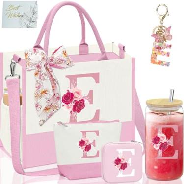 Imagem de AiHeart Presente de aniversário para mulheres, sacola de lona inicial, presentes personalizados para mulheres, copo de vidro de 473 ml com canudo, bolsa de praia, caixa de armazenamento de joias