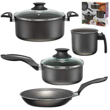 Imagem de Jogo de Panelas 04 Peças Panela Caçarola Fervedor Frigideira Antiaderente C/Tampa de Vidro | Marcolar