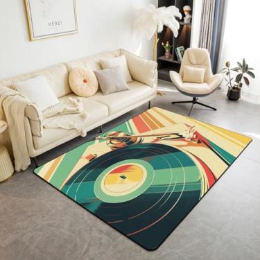 Imagem de Jejeloiu Tapetes de vinil retrô 83s para sala de estar, quarto, 13 x 18 cm, meninos, meninas, música, notas, música, vintage, tapete decorativo, verde, amarelo, interior, decoração de quarto