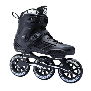 Imagem de Patins em linha de 3 rodas para homens e mulheres, patins profissionais para homens e mulheres, patins de velocidade adultos de alto desempenho com rodas de 110 mm (preto, masculino 7,5/feminino 8,5)