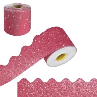 Imagem de Adesivos de bordas de boletim com acabamento de 1,8 m, acabamentos de borda decorativos brilhantes, bordas recortadas, para festa de sala de aula, decoração de quadro de avisos recortados (vermelho)