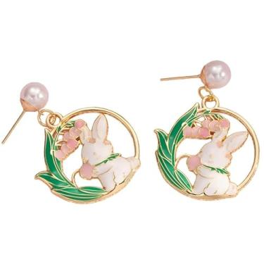 Imagem de Lindos brincos de coelho da Páscoa esmaltados com pingente de coelho lírio do vale para mulheres, joias de férias, presentes de animais, Medium, Metal, Sem pedra preciosa