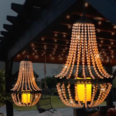 Imagem de BAYN Lustre Suspenso Para Áreas Externas, Operado Por Bateria, Com Contas De Acrílico Transparente, Luz De Vela Led Cintilante, Ganchos Em S, Lanterna Moderna Para Jardim, Quintal, Pátio, Gazebo, De